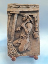 Vintage Signed Cold Cast Sculpture Plaque By Robert Olley / Coal Miner