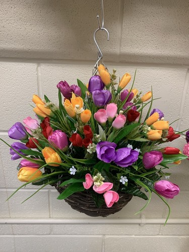 Tulips crocuses hanging basket - tulips,