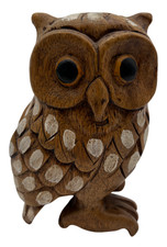 Hand Carved Wooden Owl Figurine Sculpture White Polka Dots Approx 6" - C67 O698