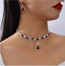 Elegant Red Square Crystal Necklace Earrings Set Women Wedding Party Jewelry