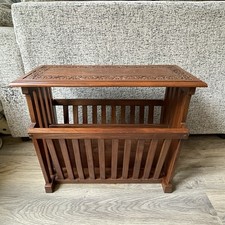 Vintage Wooden Carved And Brass Inlayed Newspaper Rack / Table 