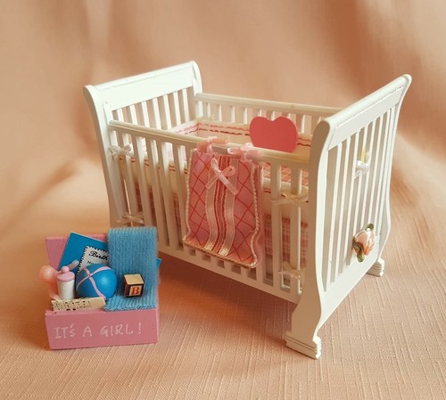 Wooden cot dressed - wooden, pink