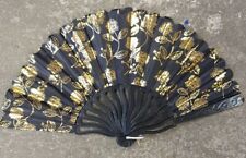 Black & Gold Flowers Print Ladies Folding Hand Summer Decorative Fan UK Seller
