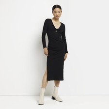 River Island Womens Bodycon Midi Dress Black Ribbed Fabric V-Neck Long Sleeve