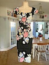 Worn Twice Size 10 MONSOON Gorgeous Black Peony Floral Pencil Occasion Dress
