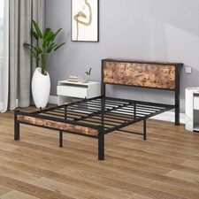 Double Bed Frame with Wooden Storage Shelf Headboard Black & Brown Boxed