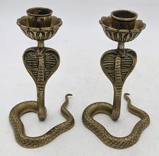 CAIROWARE ISLAMIC SILVER INLAY MONOGRAM BRASS COBRA CANDLESTICKS c1920