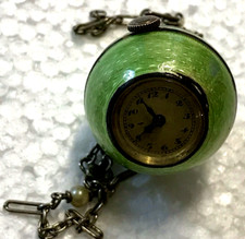 Vintage Guilloche Enamel Ball pendant watch on white metal chain