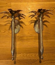 Vintage Brass Pineapple Palm Tree Candle Wall Sconce Hollywood Regency 16” Pair!