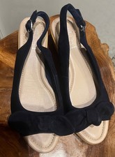 Marks And Spencer Navy suede Wedge Sandals with bow detail size 5.5 Wide Fit 