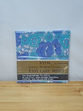 Vintage 1970s Anvil Blue Floral Easy Care Single Bed Sheet - 70" x 100" - New