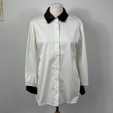 Karl Lagerfeld White Shirt Blouse Top BLack PVC Trim Cuffs Fishtail Size 12 - 14