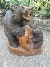 BLACK FOREST SWISS BEAR LARGE ANTIQUE WOODEN BEAR WITH CUB AND SALMON 41cm TALL