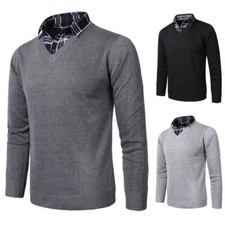 Mens 2 in 1 Knitwear Mockneck Sweater Pullover Plaid V-Neck Mock Shirt Jumper