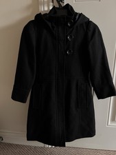 NEXT Girls 7-8 black long wool mix lined coat with hood Bought Not Worn