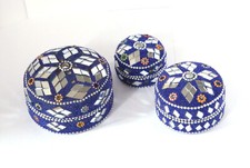 Set of Three Nesting Trinket Boxes - Circular - Blue & Mirrored Mosaic