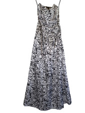 Vintage Gina Bacconi Strapless Bow Front Dress Size 14 White Black Velvet Floral