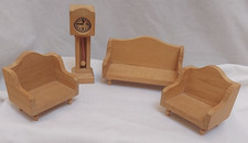 Dolls House Sitting Room Pine Furniture 1/12 Sofa, 2 x Chairs, Grandfather Clock