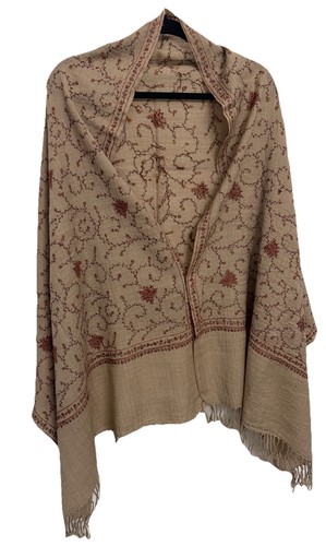 Kashmiri beige wool shawl - wool, red