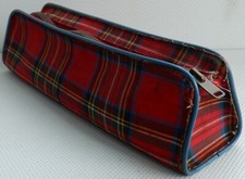 VINTAGE RED TARTAN MATERIAL PENCIL CASE METAL ZIP