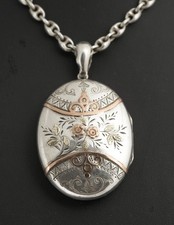 Antique Victorian Sterling Silver & Rose Gold Locket Pendant On Mariner Chain