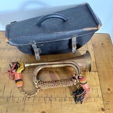 Antique Vintage Copper Brass Military Bugle Instrument With Case & Braided Cord