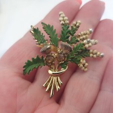 Vintage Retro Scottish Heather  Goldtone Green Brooch Leaves Metal 60s