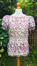 Ted Baker Floral Top ? Elasticated Waist, Puffed Sleeves, Sheer (3) UK 12 - VGC