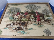 Vintage 3D Puff Fabric Equestrian Horses Fox Hunting Dogs Framed Art