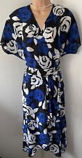 Size 10 Cockney Rebel Vintage Black Blue White Floral Crossover Wrap dress VGC
