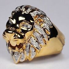 14K Yellow Gold Finish Men's 0.55 Ct Round Diamond Lion King Head Ring Silver