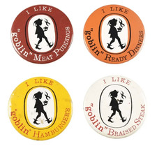 Four Vintage Goblin Dinners Puddings Steak Hamburgers Advertising Metal Badges