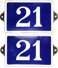 Old blue French house number 21 door gate plate plaque steel enamel sign - pick