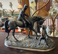 Large Vintage Signed Bronze Mounted Huntsman And Dog Figure