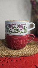 Vintage Cottage Grandma Floral and Panda Ceramic Coffee Cups Mugs