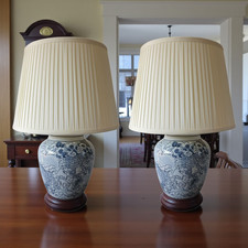 Pair of Chinese Ceramic Table Lamps with Shades -  Blue Waves and Fish Pattern