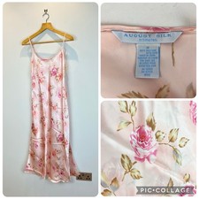 August Silk Long Nightdress Slip 100% Silk Sze M UK 12 Pink Floral Side Slits