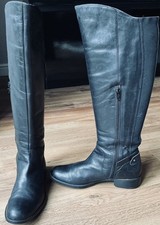 Pair Black Leather Knee High Flat Boots Back Elastication Side Zip UK5 EU38