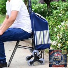Foldable Shopping Trolley with Seat Stair Climber Cart Portable Grocery 3 Wheels