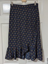 Beck Sondergaard Navy Blue Floral Ruffle Trim Midi Wrap Skirt -Size M