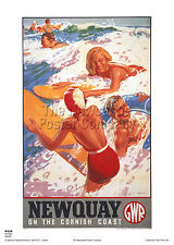 NEWQUAY CORNWALL POSTER SURFING  RAILWAY RETRO VINTAGE TRAVEL ADVERTISING    