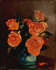 Antique French Impressionist signed oil painting of roses in a vase