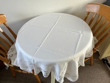 Vintage White Linen Tablecloth.with Drawn Thread & 3"Crochet Lace Border.48"sq.