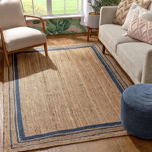 Handmade beige blue jute - blue, rug