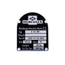 Black aluminum nameplate, 2340-12-151-0414 for Hercules K 125 123 ccm