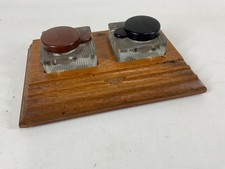 Mahogany Inkwell Stand Glass Bottles Bakelite Lids Desktop Collectable