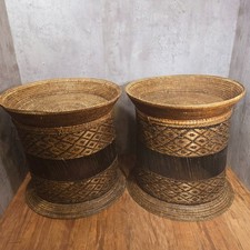 Pair of Vintage Woven Rattan Wicker Drum Side Sofa Tables Mandalay Boho