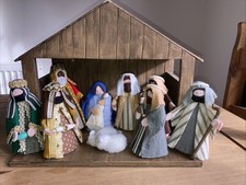 Vintage Folk Art Nativity. Handmade Wood. Felt Fabric Christmas