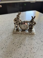 White Metal Clock With Rabbits 