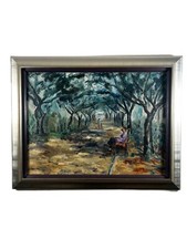 Therese Dan Framed Oil On Canvas Of A Lady Seated On A Bench In A Park